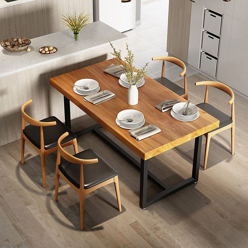 Industrial Natural Finish Dining Table Set 1/2/5 Pcs Solid Wood Dinette Set for Home