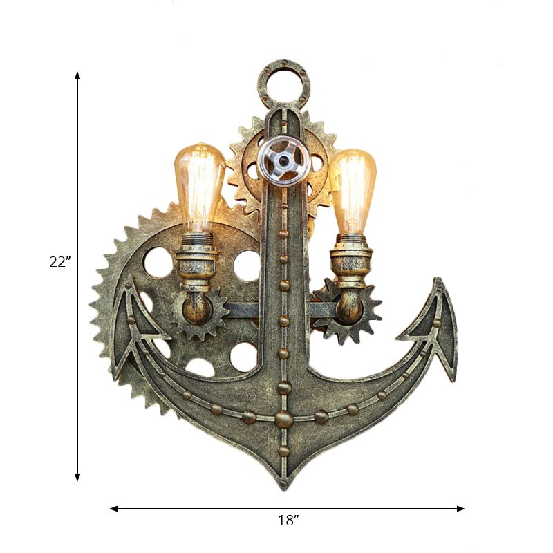 2 Bulbs Anchor Wall Mount Light with Gear Deco Antique Style Aged Brass/Rust Wrought Iron Sconce Lamp for Restaurant