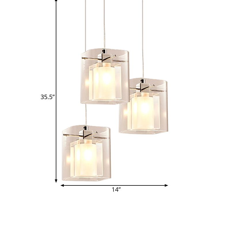 3-Shade Cuboidal Dining Hall Drop Pendant Simplicity Crystal 3 Bulbs Chrome Multi Light Ceiling Light