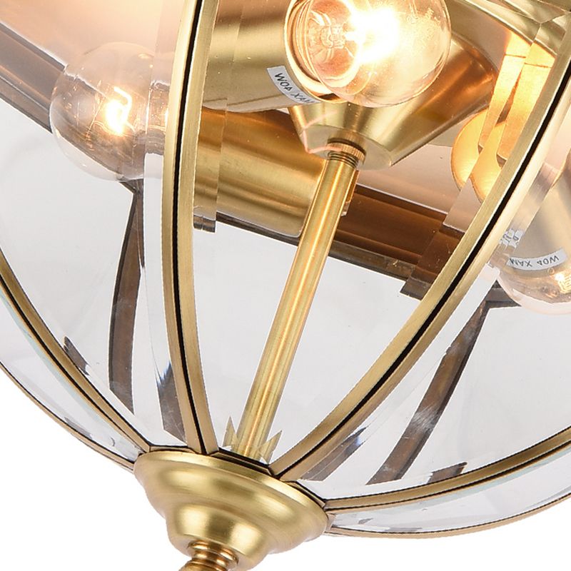 3 Lights Clear Glass Flush Mount Lighting Colonial Style Brass Domed Bedroom Flush Ceiling Light