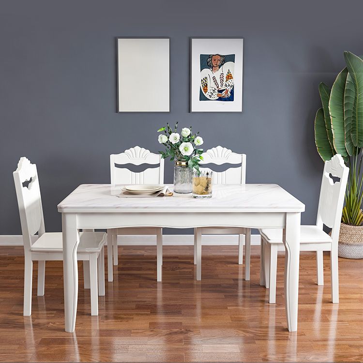 Victorian Style Marble Dining Set with White Fixed Table and 4 Legs Base