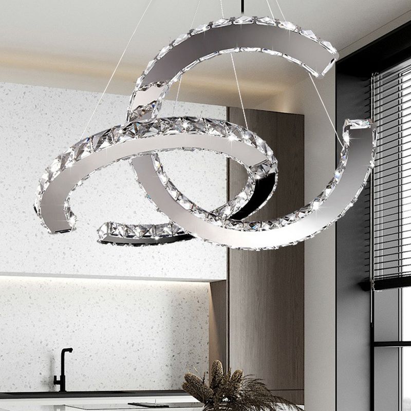Crystal C Shaped LED Pendant Chandelier Minimalistic Stainless Steel Hanging Ceiling Light