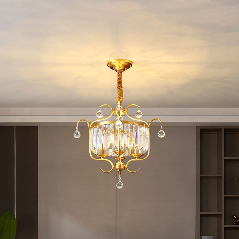 Gold Drum Shaped Suspension Lighting Traditional Crystal 4-Bulb Restaurant Chandelier Light