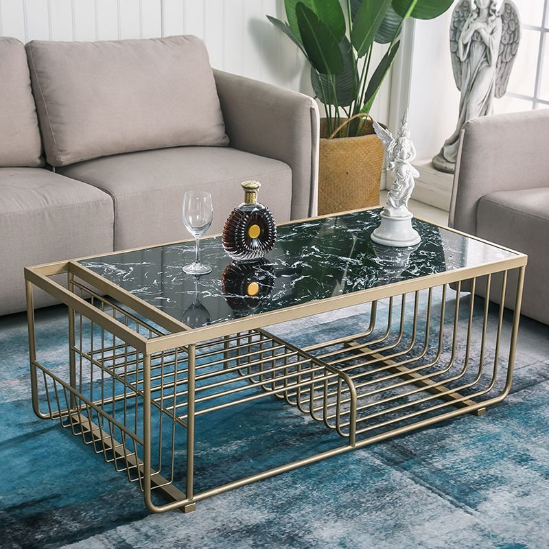 Rectangle Cocktail Table with 3 Iron Shelves and Marble Top Coffee Table