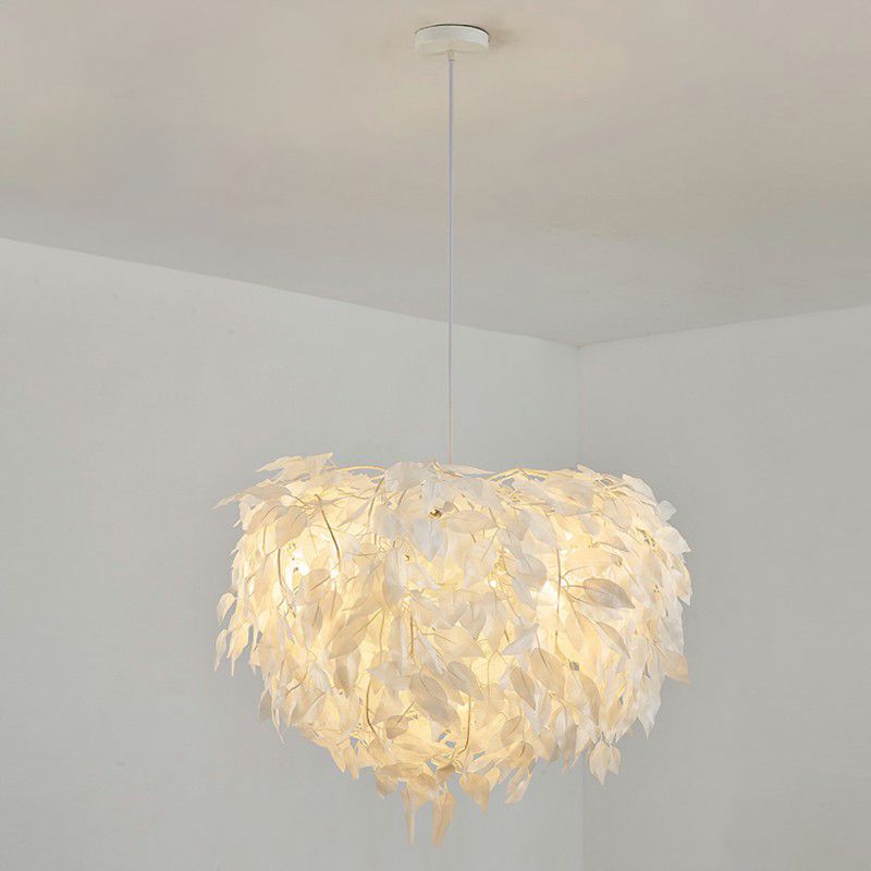 Round Shaped Ceiling Lighting Simplicity Feather Girls Bedroom Hanging Lamp in White