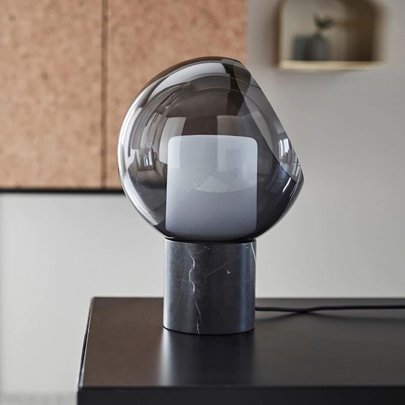 Marble Cylindrical Base Table Lamp Postmodern Black LED Nightstand Light with Globe Smoked Glass Shade