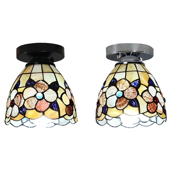 Tiffany Style Domed Ceiling Light Stained Glass 1 Bulb Flush Mount Ceiling Light with Flower Pattern in Black/Chrome Finish