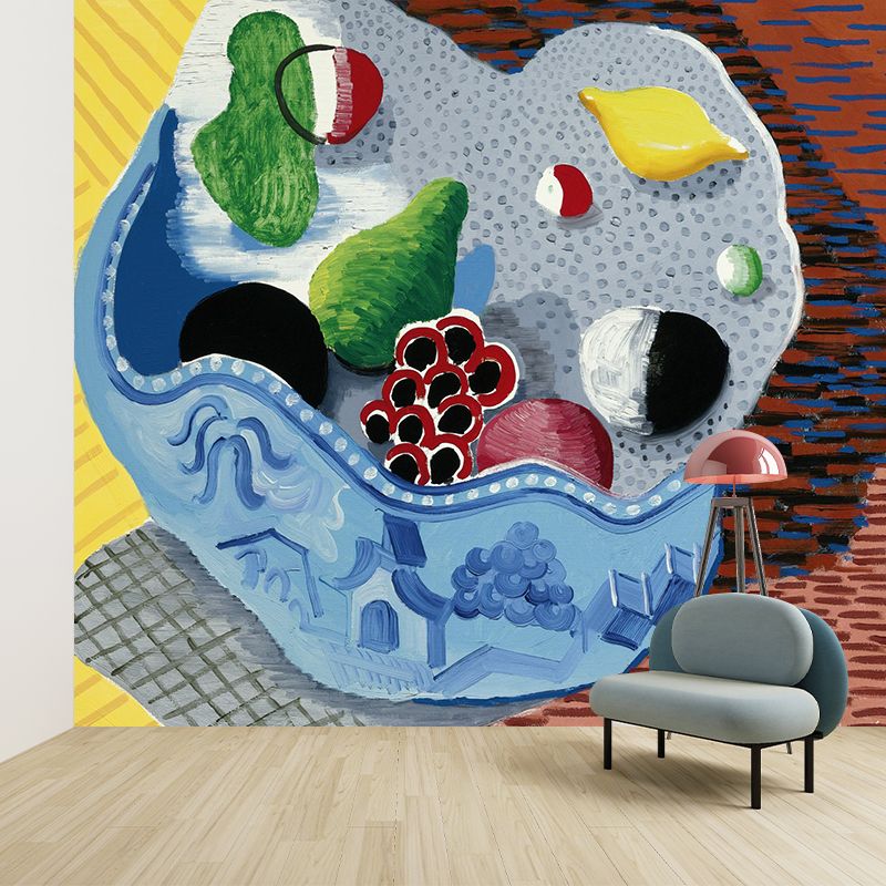 Art Deco Still-Life Fruit Murals Blue-Yellow-Green Water Resistant Wall Covering for Bedroom