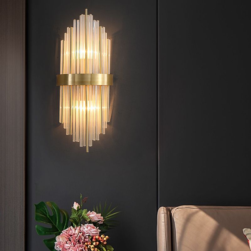 Postmodern Brass Wall Light Gold Tubular Shape Wall Sconce with Crystal for Living Room