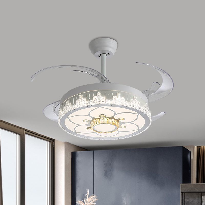 Kristalblokken witte semi -mount licht ronde moderne 4 bladen led plafondventilator lamp met bloem/sneeuwvlok/Chinees knooppatroon, 19 "breed