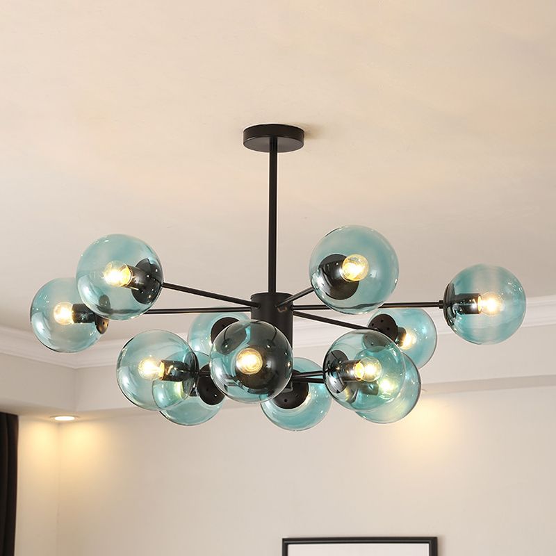 Amber/Blue/Clear Glass Spherical Chandelier Light Post Modern 6/8/10 Lights Black Pendant Lamp for Bedroom