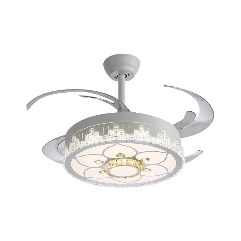 Kristalblokken witte semi -mount licht ronde moderne 4 bladen led plafondventilator lamp met bloem/sneeuwvlok/Chinees knooppatroon, 19 "breed