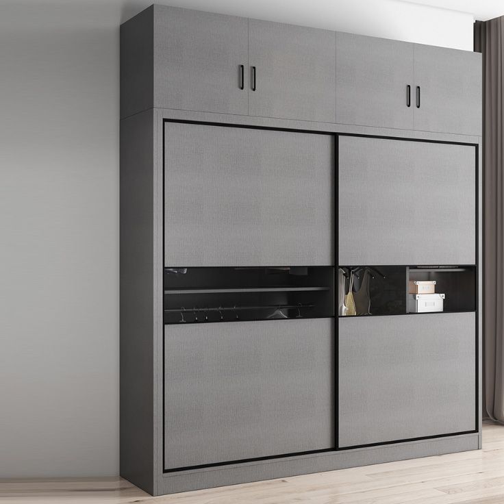 Gray Colour Wooden Wardrobe Rod Included Wardrobe Wardrobe Closet with Sliding Door