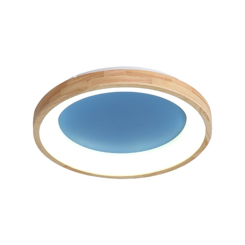 Wood Circular Thin Flushmount Lighting Nordic Style Green/Blue LED Ceiling Mounted Light, 12"/16"/19.5" Width