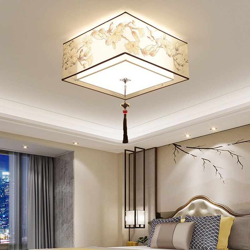 16" Wide 4 Lights Flush Mount Traditional Fabric Flush Ceiling Light in White for Bedroom