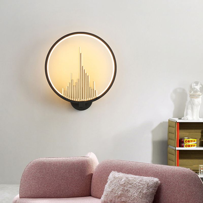 Acrylic Halo-Ring LED Sconce Light Modern Wall Mounted Lamp in Black/White with Mountain Pattern, Warm Light