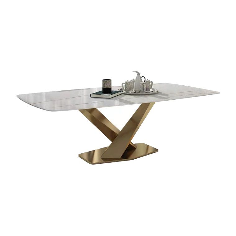 Table à manger rectangulaire de luxe traditionnelle, en pierre frittée blanche, avec socle doré