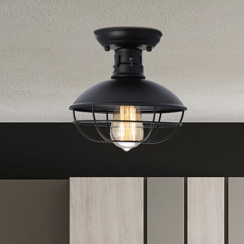 Lámpara de techo empotrada para sala de estar con 1 cabezal envejecido, iluminación de montaje empotrado de granero de hierro, en bronce/café con jaula