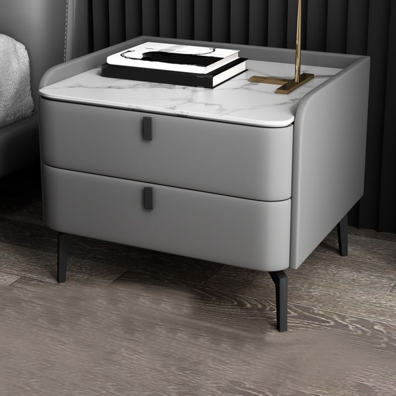 Modern 20-inch Tall Solid Wood Night Table 2-Drawer Stone Top Nightstand