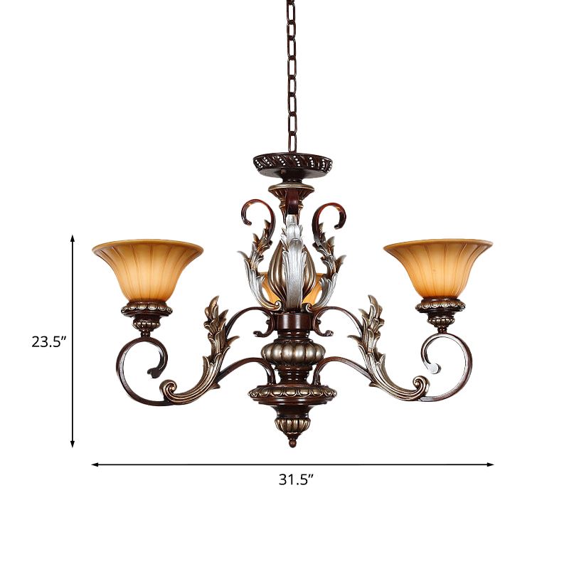 Traditionalist Bell hanglamp 3 lichten Amber Glass Kroonluchter lamp in brons met gesneden ontwerp