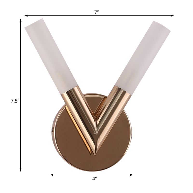 2 Lights Bedroom Sconce Light with V-Shaped White Glass Shade Modern Gold Led Wall Mount Light