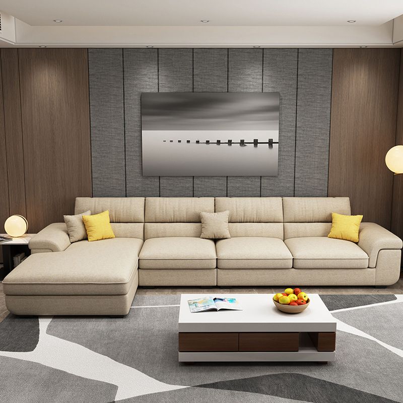 Pillow Top Arm Sofa & Chaise in Khaki Modern Fabric Sectional