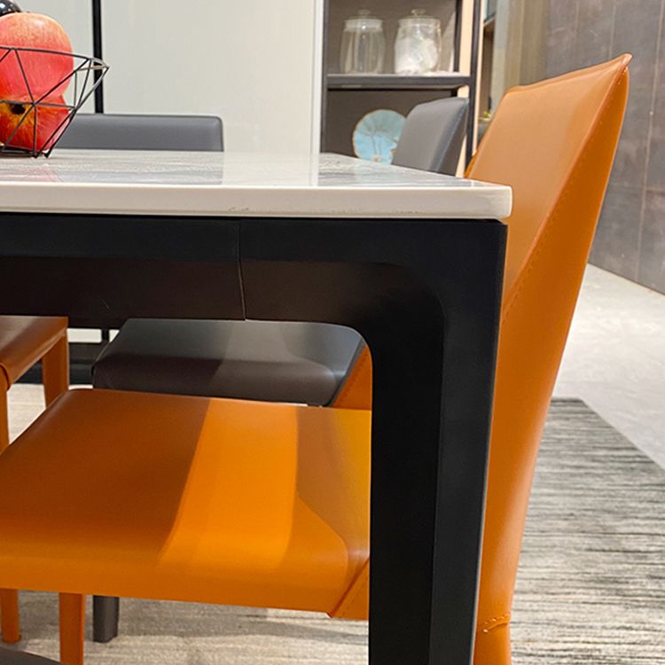 Modern White Stone Top Rectangular Dining Table with 4 Black Metal Legs