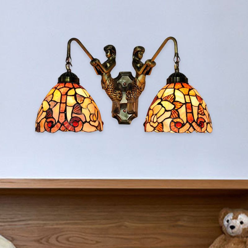 Shell Bowl Wall Lighting Fixture Baroque 2 Heads Orange Sconce Light with Mermaid Backplate for Bedroom
