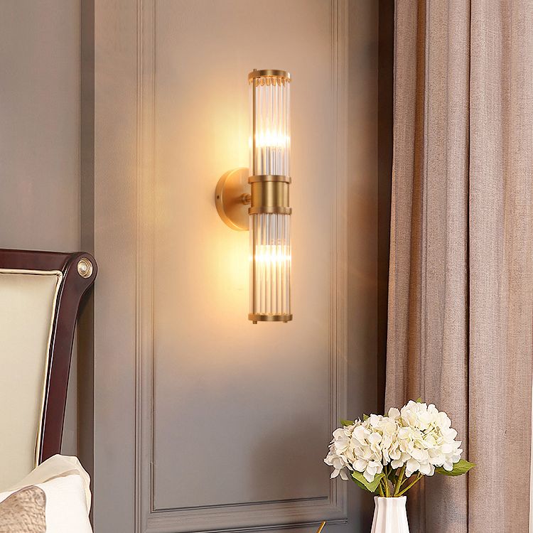 Gold Cylindrical Wall Sconce in Modern Luxury Style Copper Indoor Wall Light with Crystal Shade