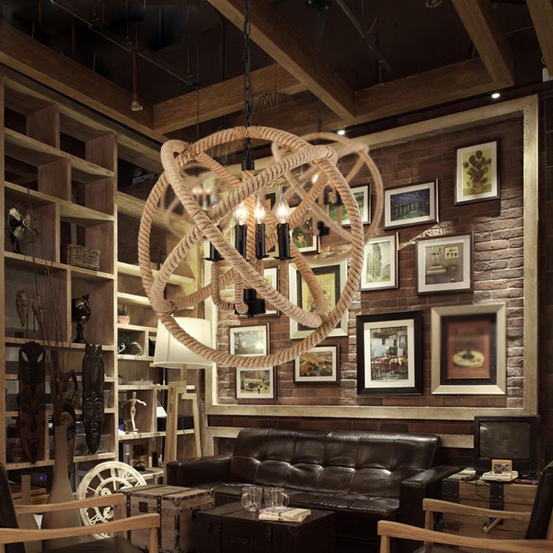 Black Rope Wrapped Hoops Chandelier Pendant Light Coastal Rope Restaurant Pendant Light Fixture