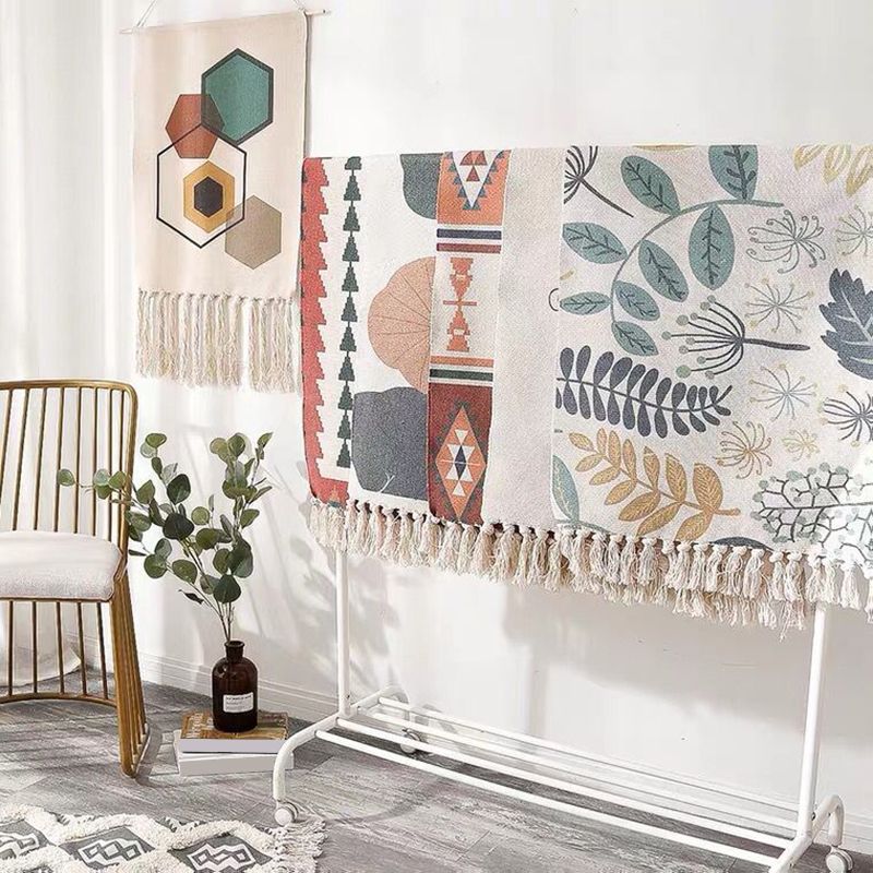 Modern Plant Printed Rug Multi-Colored Jute Area Carpet Easy Care Pet Friendly Stain-Resistant Indoor Rug with Tassel for Bedroom