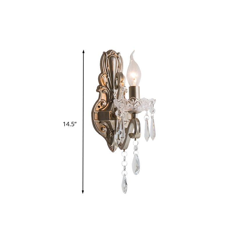 Crystal Candlestick Wall Mounted Lamp Retro 1/2 Bulbs Living Room Sconce Light Fixture in Silver