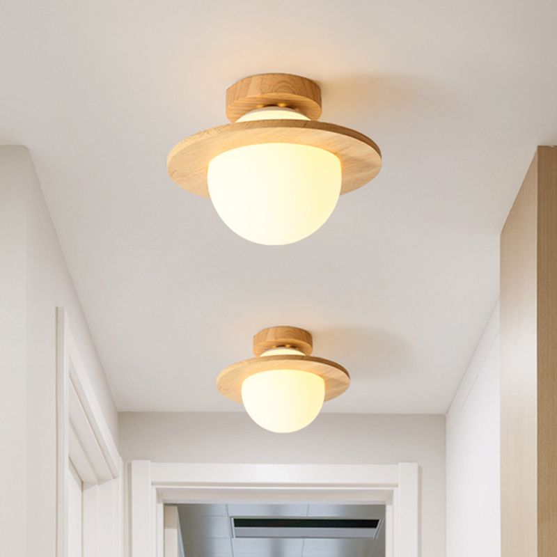 Small Sphere Corridor Ceiling Fixture Opal Frosted Glass Single Simple Semi Flush Mounted Lamp with Wood Banding Belt