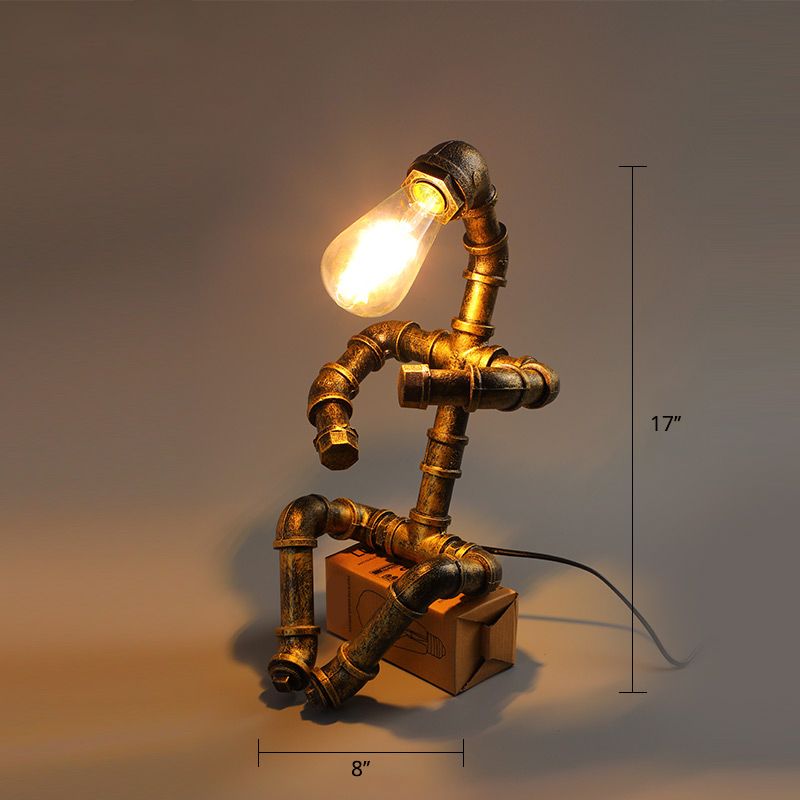 Industrial Pipe Style Night Light 1-Light Wrought Iron Accent Table Lamp in Bronze