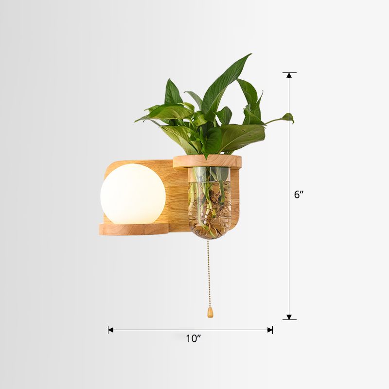 Milk Glass Ball Wall Lighting Nordic 1-Bulb Bedside Pull Chain Sconce with Wood Rack and Planter