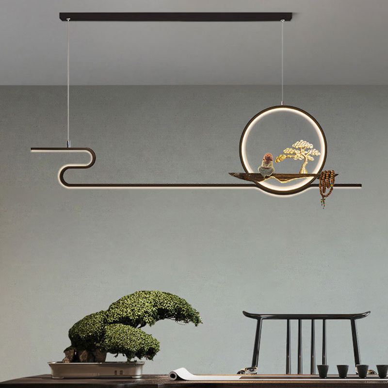 Minimalist Artistry Linear Hanging Lamp Metal Study Room LED Island Light with Monk and Tree Decor