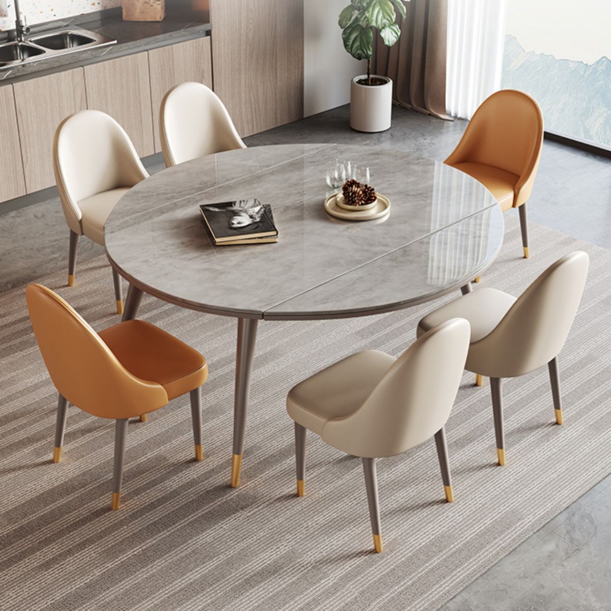 Contemporary Sintered Stone Table Round Table Set 1/4/5/7 Pieces Dining Set