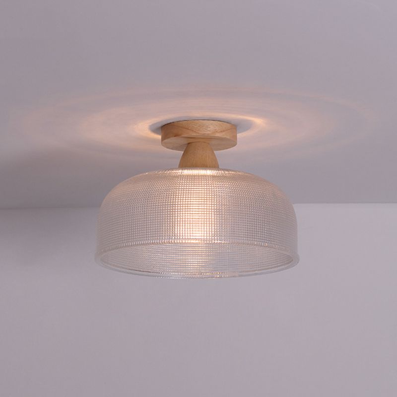 Simple 1-Light Ceiling Light Wooden Ceiling Mount Light with Glass Shade for Living Room