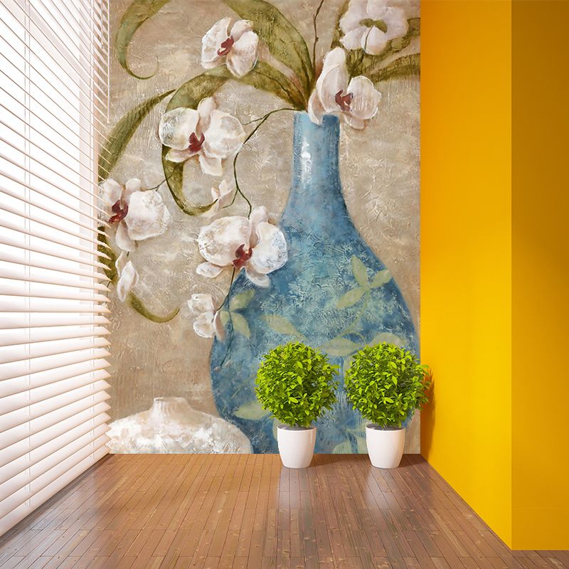 Orchid Flower Vase Wallpaper Mural Contemporary Smooth Texture Wall Decor in Blue-Brown