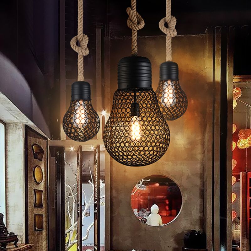 6"/11" Wide Metal Mesh Bulb Cage Ceiling Light Loft Style 1 Head Restaurant Suspension Pendant in Black