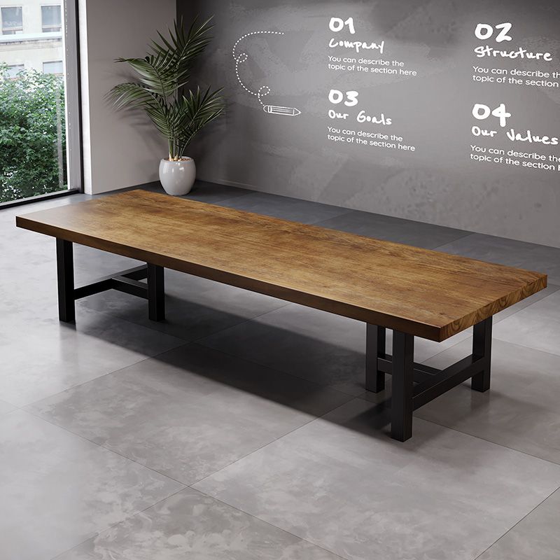 Pine Wood Top Rectangular Office Desk Industrial Desk with Black Metal Base