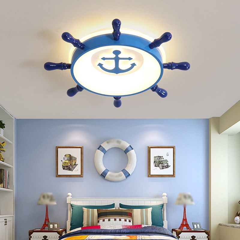 Kids LED Ceiling Flush Light Blue Rudder Flushmount Lighting with Acrylic Shade and Anchor Pattern