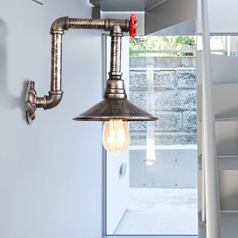 Metallic Saucer Wall Lamp Fixture Warehouse 1 Bulb Corridor Wall Mount Light with Red Valve and Pipe in Antique Bronze