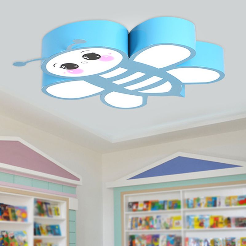 Cartoon Bee Ceiling Mounted Light Acrylic Children Room LED Flush Lamp Fixture in Blue