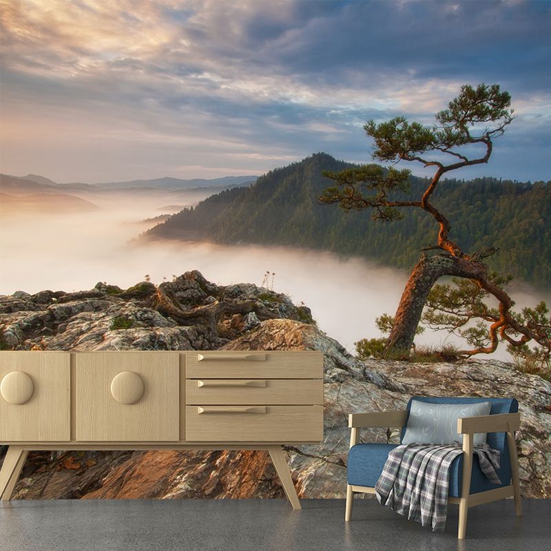 Brown Contemporary Mural Wallpaper Whole Pine Tree at Peak of Foggy Mountain Wall Art for Home