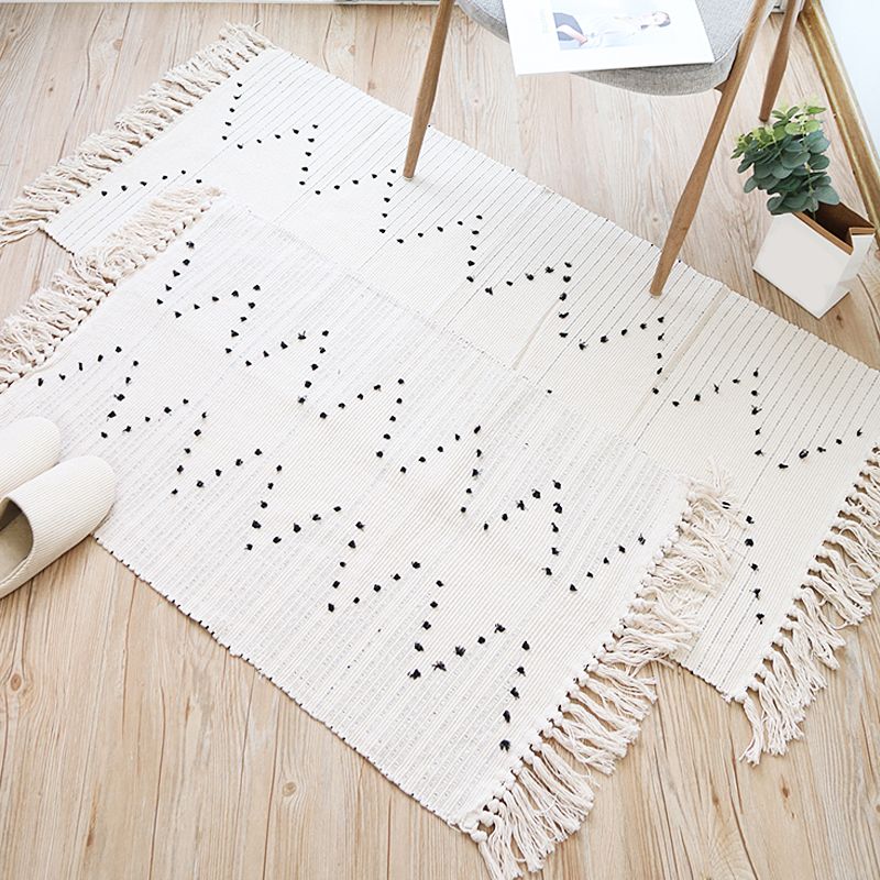 White Zigzag Knitting Rug Cotton Bohemian Carpet Washable Pet Friendly Rug for Bedroom