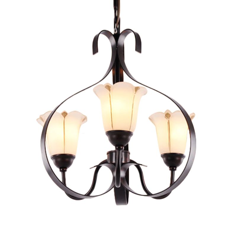 Floral Dining Room Suspension Lamp Milk Glass 3/5/8 Heads Modern Style Chandelier Lighting Fixture in Red Brown