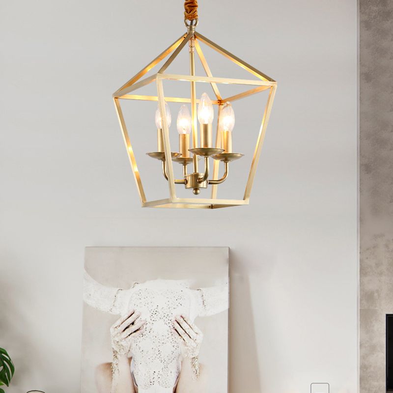4 Bulbs Ceiling Lamp with Geometric Shade Metal Traditional Dining Room Chandelier Pendant Light in Gold