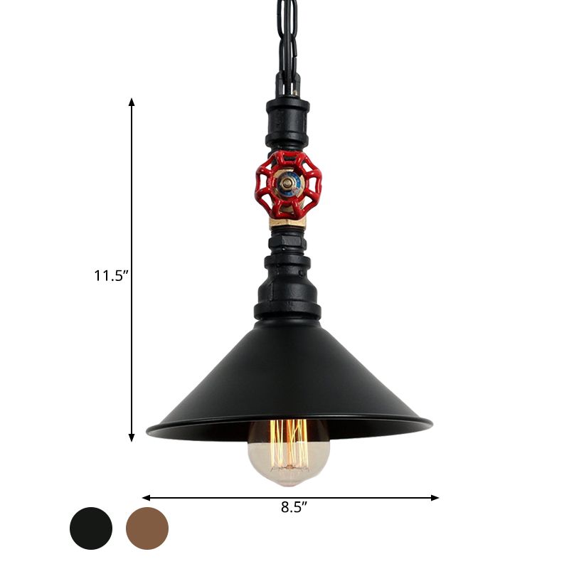 Black/Bronze 1 Light Hanging Lamp Industrial Metal Water Pipe and Valve Suspension Pendant with Cone Shade