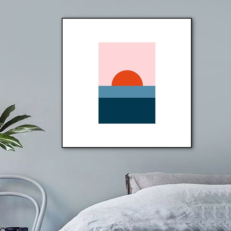 Minimalist Ocean Sunrise Drawing Art Print Canvas Textured Blue Wall Decor for Bedroom
